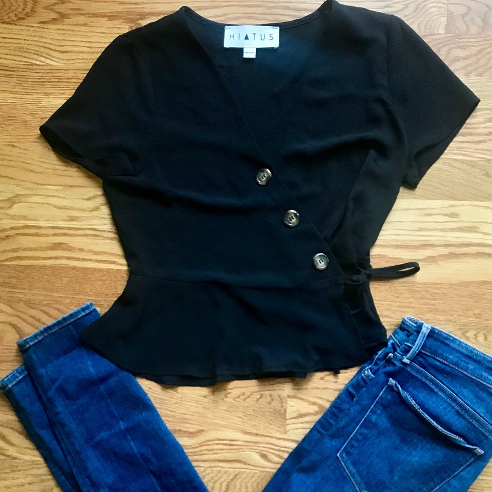 Black peplum style wrap top